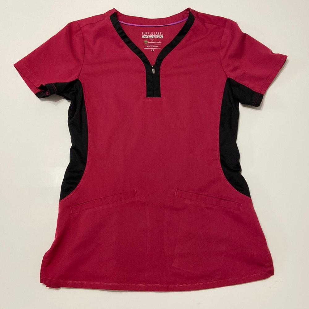 XS Raspberry and black healing hands purple label yoga scrub top